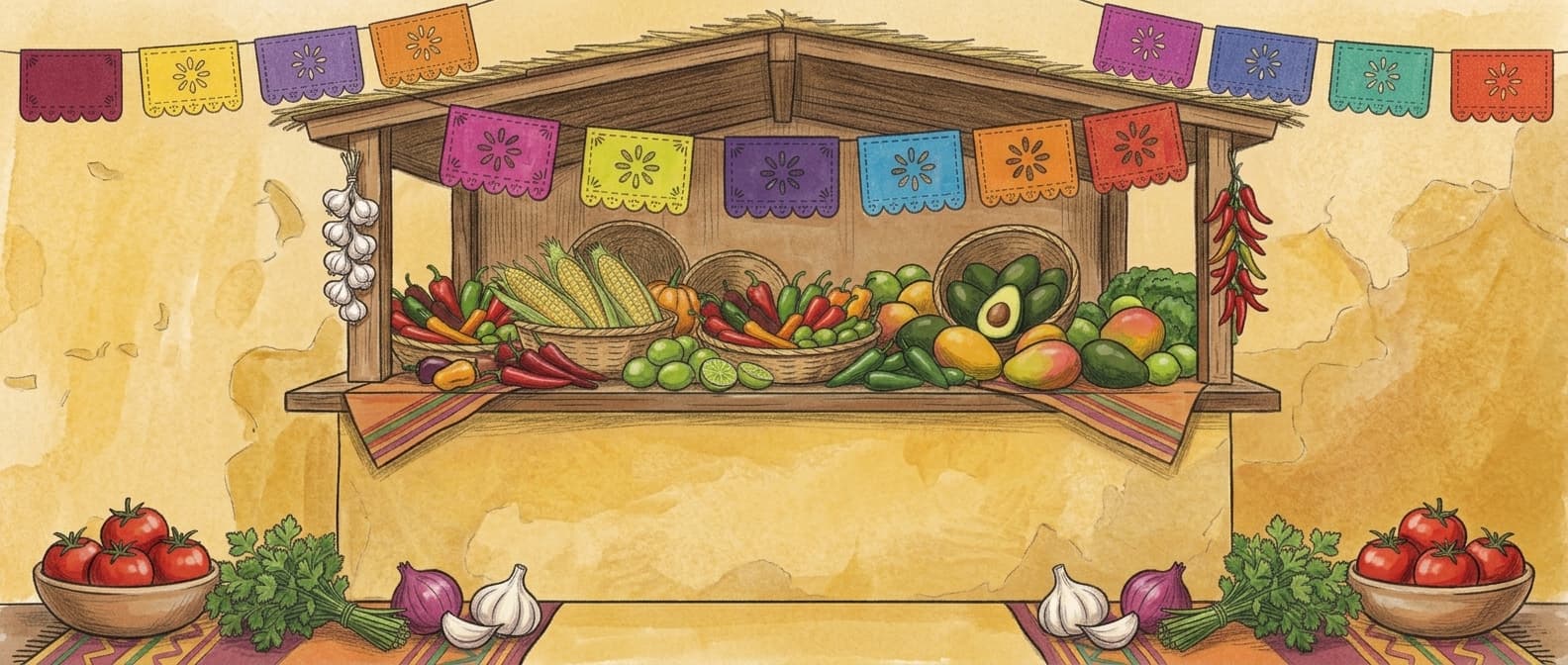 Illustrated market stall piled with fresh produce, hung with papel picado banners